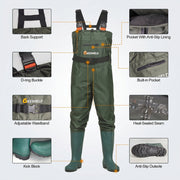 Gieeshield Waterproof Bootfoot Chest Waders, Lightweight 2-Ply Nylon PVC, Adjustable H-Back Suspenders, Waterproof Zipper Pocket, Boot Hanger, Green, M7 W9 DQ-WADERS-GR7