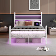Chuangshuo Guard Full Size Metal Bed Frame with LED Storage Headboard Shelf, USB Port, Noise-Free, White