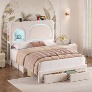 Hiphuta Full Size Velvet Upholstered Bed Frame with Storage Headboard, 2 Rolling Drawers, RGB LED Lighting, USB Charging Station, White