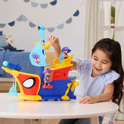 Hasbro Spidey and His Amazing Friends Water-Webs Webs Ahoy Bubble Pirate Ship Playset with 3-Inch Action Figures, Extending Hull, Wave-Simulating Wheels, Bubble Maker, 17 to 21 in