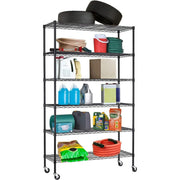 BestOffice FDW-WS-776-Black 6 Tier Wire Shelving Unit with Wheels 2100LBS Capacity-18x48x82, Black