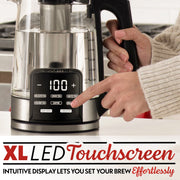 Gourmia Programmable Electric Glass Kettle, 1.7L Capacity, Digital Touch Display, Removable Stainless Steel Infuser, 360 Swivel Base, Keep Warm Function, Black, GDK2365