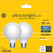 GE Lighting 93130785 G25 Ultra Bright LED Light Bulbs, Soft White, 100 Watts Globe Light Bulbs, 2 Pack