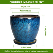 Ordivic 8 Inch Blue Ceramic Planter with Reactive Glaze, Drainage Hole, and Matching Saucer