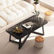 Wolawu Black Faux Marble Rectangular Tea Table, High-Density MDF Top, Solid Metal Sled Frame, Modern Industrial Design