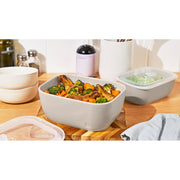Beautiful 4-Piece Stoneware Bake and Store Set, Porcini Taupe, Rectangular, Oven Safe up to 450F, Vented BPA-Free Lids, Dishwasher and Freezer Safe, 19965