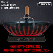 YOSUKATA 13.5 in Blue Carbon Steel Wok Pan, Pre-Seasoned Flat Bottom, Ergonomic Wooden Handle, Compatible with Gas Electric Ceramic Induction and Open Fire Cooktops, 123