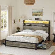 GUNAITO Queen Bed Frame with Storage Headboard, 2 Drawers, LED Lighting, USB Ports, Gray