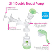 MAM 2-in-1 Double Electric Breast Pump, Dual Electric and Manual Modes, Leak-Proof Closed System, Soft Silicone Funnels, Portable Design, Includes 2 Anti-Colic Bottles, Green