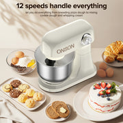 ONSON 5QT 350W Copper Motor, 12-Speed Electric Mixer with Stainless Steel Bowl, Dough Hook, Whisk, Beater, Milky White