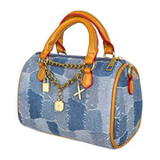 JOZZYAPA Mini Denim Purse Quilted Checkered Light Blue Canvas Tote Crossbody Handbag with PU Leather Handle, 8.6x5.5x4 in, Jozzyapa-jb