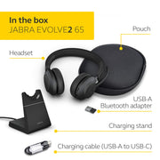 Jabra Evolve2 65 Bluetooth Wireless Headset, Dual-Ear On-Ear Headphones with USB-A Adapter, Charging Stand, 37 Hours Battery Life, Passive Noise Cancellation, Black