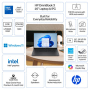 HP OmniBook 3 Laptop, 16 Inch 2K IPS Display, Intel Core N355 Processor, 8GB LPDDR5 RAM, 256GB SSD, Mica Silver, 16-bu0130wm