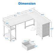 Sofanext Reversible L Shaped Desk with Built-in Power Outlets, Four Drawers, Iron Hooks, Waterproof Wood and Iron Frame, Pure White, 53 in