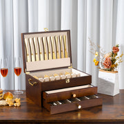Honiway Wooden Silverware Storage Box, 3-Layer Flatware Case with Drawer, Walnut Finish, Linen Liner, Handle