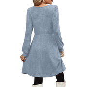 SHINE UP Womens Dress, V Neck, Long Puff Sleeves, Knee Length, Loose Fit with Pockets, XL, Blue
