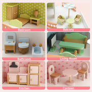 Bruce & Shark T011-015 Wooden Dollhouse 3-Story with Balcony and 23 Kitchen Accessories for Kids Ages 3 and Up