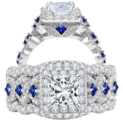 Newshe Jewellery 3.5 Ct Moissanite Bridal Ring Set, Princess Cut, 925 Sterling Silver, Blue Sapphire, Size 10