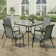Pirecart 5-Piece Outdoor Patio Dining Set, Square Hydrographic Glass Table, 4 Stackable Textilene Chairs, Steel Frame, Gray