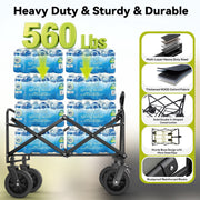 Qunler Utility Garden Wagon, Heavy-Duty Steel Frame, Oversized Tank Wheels, Large Collapsible Folding Cart with Side Pocket, Black