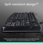Logitech Keyboard and Mouse Combo, Wired USB, Full-Size Spill-Resistant Keyboard with Number Pad, Optical Ambidextrous Mouse, Black, 920-002565