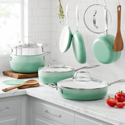 The Pioneer Woman Harlow 15-Piece Ceramic Non-Stick Cookware Set, Green, Aluminum Pots and Pans with Stainless Steel Handles