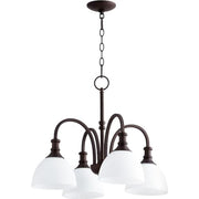 Quorum Richmond 4-Light Dinette Chandelier, Transitional Design, Oiled Bronze Finish, Satin Opal Glass Shades, 23 in Wide, 6211-4-86