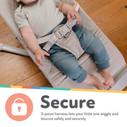 Nuby Baby Bouncer Seat, Portable Infant Bouncer with 3-Point Harness, Soothing Vibrations and Sounds, Removable Canopy, Gray, 92331770