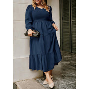 Astlbim Women Plus Size Blue A-Line Dress, Long 3/4 Sleeve, V Neck, Elastic High Waist, Tiered Maxi with Pockets 2026