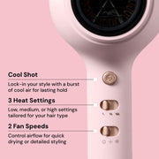 L'ange Hair HotStuff Compact Ionic Hair Dryer, 1875W, Blush, Cool Shot Button, Nozzle and Wide-Tooth Comb Attachments