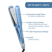 BaBylissPRO Nano Titanium 1.5 Inch Ultra-Sleek Hair Straightener with LED Temperature Display, Full-Floating Titanium Plates, Blue, BNT131T