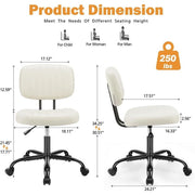 TINKLE WELL Armless Office Desk Chair, Adjustable Height, 360 Swivel, Lumbar Support, Low-Back, PU Leather, White