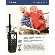 Uniden Atlantis 275 Floating Handheld VHF Marine Radio, IPX8 Submersible Waterproof, Large Dual-Color Backlit Screen, 6-Watt, All USA International Canadian Channels, NOAA Weather Alerts