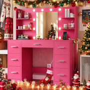 Lacoo Vanity Desk with Mirror and LED Lights, Makeup Vanity with 7 Drawers & 4 Shelves, Dark Pink