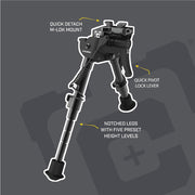 Caldwell XLA Pivot Aluminum Bipod, Adjustable 6-9 in Height, M-LOK Mount, 20 Cant Adjustment, Black, Lightweight, 1237304