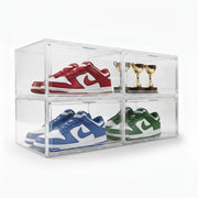 Kicks & Co XL Clear Plastic Stackable Shoe Storage Box with Magnetic Front Door and Ventilation Slots for Sneakers up to Size 13, 4 Pack