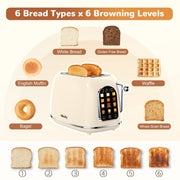 Mecity Easy Touch Screen 2-Slice Toaster, Retro Stainless Steel, Wide Slots, 6 Browning Levels, Bagel, Defrost, Reheat, Removable Crumb Tray, Cream Color, T-M6-CR