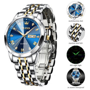 OLEVS Men's Dress Watch, Luxury Blue Dial with Diamond Accents, Two Tone Stainless Steel, Date Display, Luminous Hands, Waterproof 100 ft, 41mm 9931