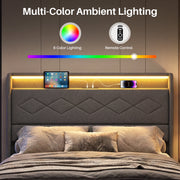 edx Upholstered King Bed Frame with Height-Adjustable Headboard, 3 USB Charging Ports, LED Light Strip, Bluetooth Controller, Gray