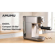 Amumu 20 Bar Espresso Machine with Steam Wand Milk Frother, Pressure Gauge, Compact Stainless Steel Coffee Maker, Silver, EM3111