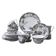 222 Fifth Adelaide 16-Piece Black Porcelain Dinnerware Set, Hand-Applied Woodland Bird Design, Service for 4, Microwave and Dishwasher Safe, 1000BK804A1C25