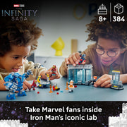 LEGO 76315 Marvel Iron Mans Laboratory Hall of Armor Building Set, 384 Pieces, Includes Minifigures and Posable Mech, Ages 8+