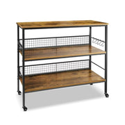 Cheflaud KT-1504 Rolling Kitchen Storage Cart Island with large open shelves and Large Worktop 3-Tier Kitchen Bakers Rack with 10 Hooks Stable Steel Structure and Easy Assembly Rustic Brown