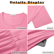 MOSHU Summer Dress for Women, Crewneck, Short Sleeve, Pink, Midi A-Line Sundress with Pockets