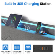 edx Upholstered King Bed Frame with Height-Adjustable Headboard, 3 USB Charging Ports, LED Light Strip, Bluetooth Controller, Gray