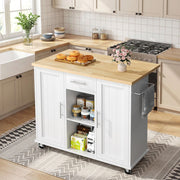 Walsunny Kitchen Island Cart with Expandable Drop Leaf Table, 1 Drawer, 2 Magnetic Door Cabinets, 2 Open Shelves, 5 Wheels with 2 Lockable, Stainless Steel Towel Rack, White