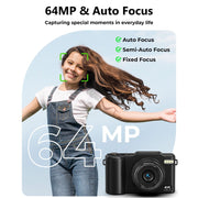 Keculbo Digital Camera, 4K UHD Video, 64MP Photos, 18x Digital Zoom, Autofocus, 3-Inch Flip Screen, Black, Includes 32GB Micro SD Card, DC060-NBUS06