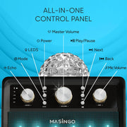 MASINGO Ostinato M7 2023 Karaoke Machine for Adults & Kids with 2 Wireless Microphones - Portable Singing PA Speaker System Set w/Two Bluetooth Mics, Disco Ball Party Lights & TV Cable