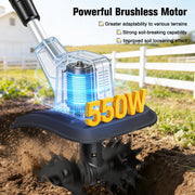 RELOIVE Cordless Electric Garden Tiller Cultivator, 21V 550W Brushless Motor, 2 x 4.0Ah Batteries, 4 Manganese Steel Blades, 7.9in Tilling Width, Adjustable Handle