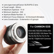 JINTU 85mm f1.8 Manual Focus Prime Telephoto Portrait Lens for Canon EF and EF-S Cameras, Black
